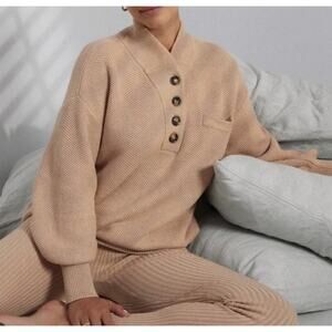 Lunya Cottonsilk Pocket Henley Knit Balloon Sleeve Sweater in Camel XS/S